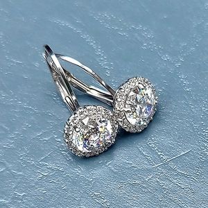 NEW Sterling Silver Diamond Round Halo Drop Leverback Earrings